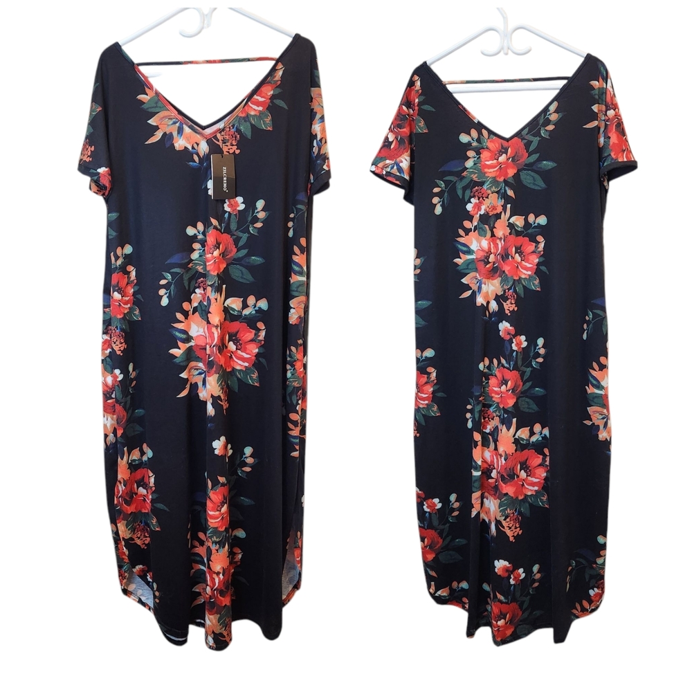 [2XL] NEW Floral Short-sleeved V-Neck‎ Maxi Dress Size 2XL Black & Red
